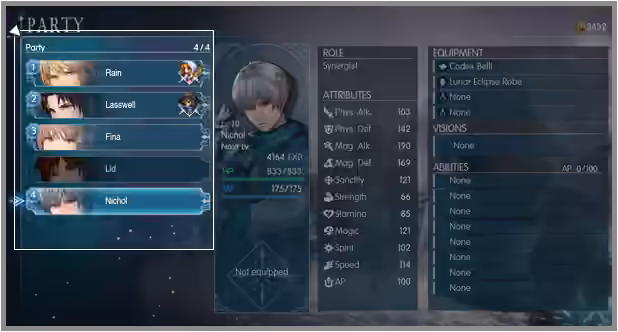 In-game help showing the four-member party selection screen