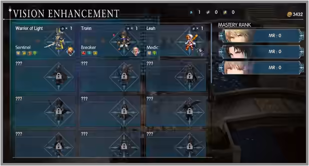 Vision Enhancement roster showing each character’s Mastery Rank