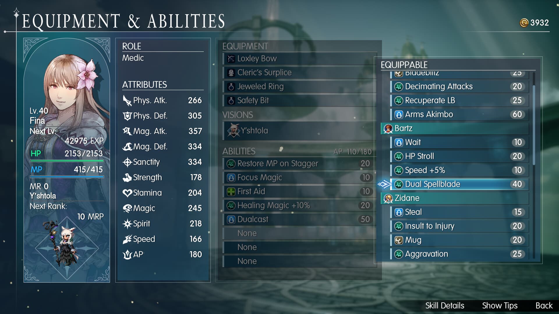 Equipment and abilities menu used to inspect a character’s current skills