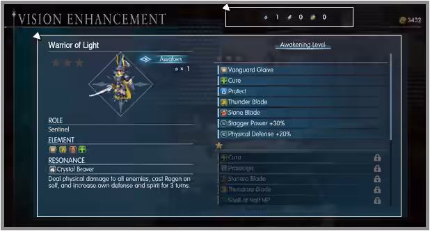 Warrior of Light awakening stars and skill list in Vision Enhancement